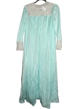 Vtg Shadow Line Long Mint Green Blueish Nightgown & Robe Set Lace Accents Small